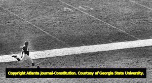 Atlanta Falcons' Nick Mike-Mayer practices kickoffs, 1973