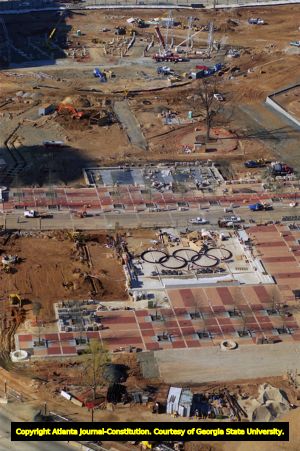 Centennial Olympic Park during construction, aerial view, 1996
