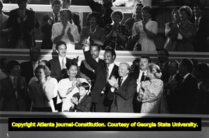 President Jimmy Carter with candidate Jesse jackson at the Democratic National Convention, 1988