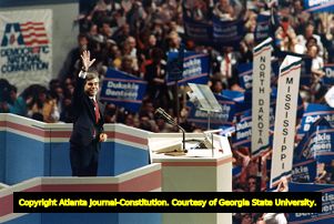 Democratic nominee Michael Dukakis delivering his acceptance speech, 1988