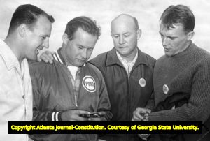 Race car drivers Foyt, Stacey, Rathmann, and Gurney at the Atlanta 500, 1962