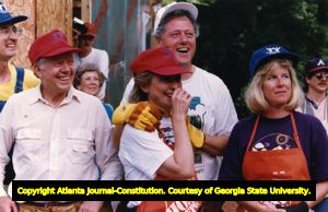 President Jimmy Carter with candidate Bill Clinton, Hillary Clinton, and Tipper Gore during a Habitat for Humanity project, 1992