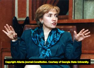 First Lady Hillary Clinton at a press conference promoting a health care reform plan from President Bill Clinton, 1993