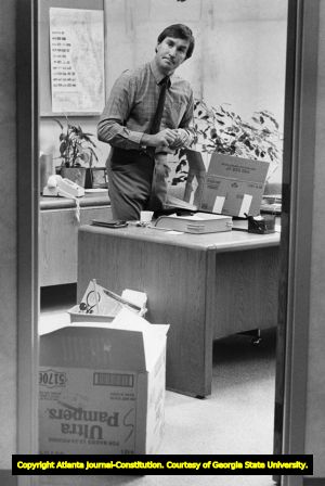 Georgia Tech assistant coach Mac McWhorter packing up his office for a move to coach with Alabama, 1987