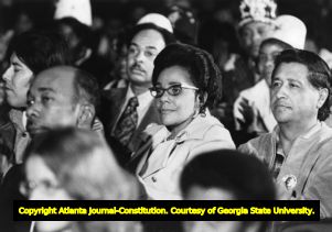 Coretta Scott King and Cesar Chavez attend a service together for Martin Luther King Jr., 1974
