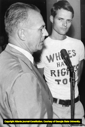 American Nazi Party member Bill Cody with a shirt reading "Whites have rights too," 1961
