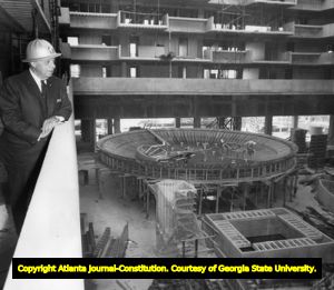 Interior lobby of the Hyatt Regency during construction, 1965