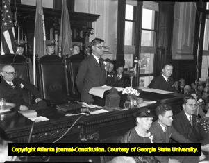 Governor Eugene Talmadge delivering a speech on his inauguration day, 1935