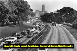 Traffic congestion on the highway heading out of downtown Atlanta, 1970s