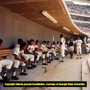 Milwaukee Braves in the dugout at Atlanta Stadium, 1965
