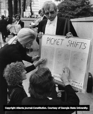 Musicians sign up for picket shifts during two-day strike against the Atlanta Symphony Orchestra, Atlanta, Georgia, September 16-17, 1974.