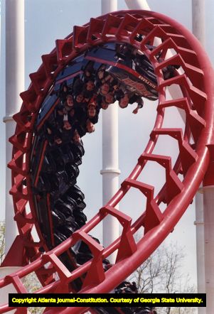 Six Flags Over Georgia staff and inspectors ride the newest roller coaster The Ninja, 1992