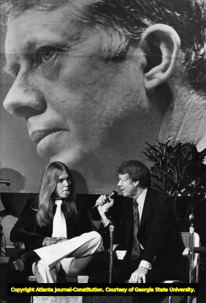 Presidential candidate Jimmy Carter raising funds with Gregg Allman during a telethon, 1976