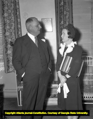 Atlanta Journal owner James Cox meeting with former reporter Margaret Mitchell, 1940