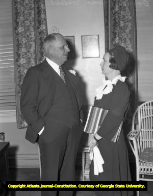 Atlanta Journal owner James Cox meeting with former reporter Margaret Mitchell, 1940