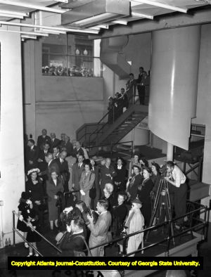Crowd gathers to hear new owner of the Atlanta Journal James M. Cox speak, 1940s