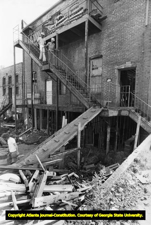 Construction during the renovation of Walter Mittie's restaurant in the Virginia-Highland neighborhood, 1979