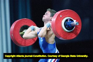 Weight lifter Eric Bonnel competing at the Atlanta Olympics, 1996