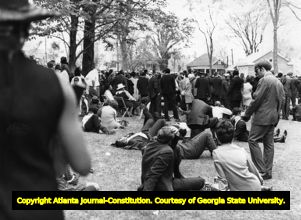 Crowds waiting on Morehouse College's campus during memorial services for Martin Luther King Jr., 1968