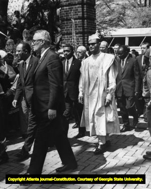 UN delegates arrive for the funeral service of Martin Luther King Jr. at Morehouse College, 1968