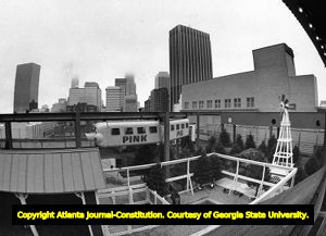 The Pink Pig rooftop monorail track around Rich's department store, 1981