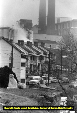 View of a Cabbagetown neighborhood street seen from Oakland Cemetery, 1980s