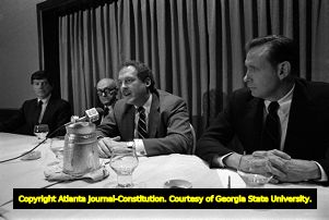 Architects Philip Johnson and John Burgee during a press conference discussing the proposed plans for an office tower, 1984
