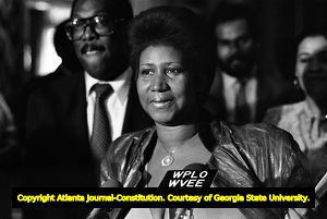 Singer Aretha Franklin during a press conference at the Atlanta Mayor's Office, 1983