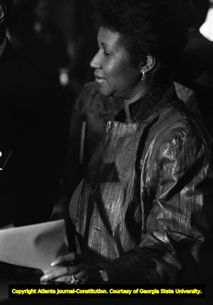 Singer Aretha Franklin during a press conference at the Atlanta Mayor's Office, 1983