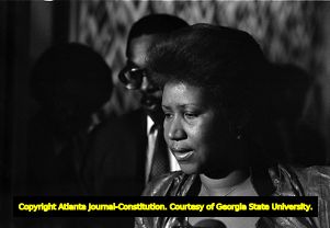 Singer Aretha Franklin during a press conference at the Atlanta Mayor's Office, 1983