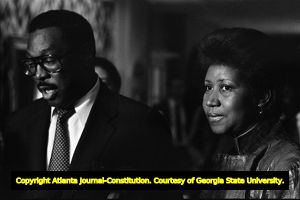 Singer Aretha Franklin during a press conference at the Atlanta Mayor's Office, 1983