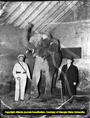 Asa G. Candler visiting the elephant exhibit at the Candler Zoo, 1930s