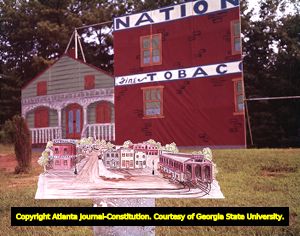 Construction of a mock street scene for a Civil War re-enactment of the burning of Atlanta, 1964