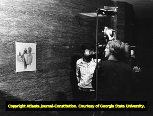 Courthouse sketch hung up for news crews at the Fulton County courthouse during the Wayne Williams murder trial, 1981