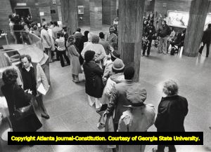 Spectators waiting in the courthouse lobby to watch the Wayne Williams trial, 1982