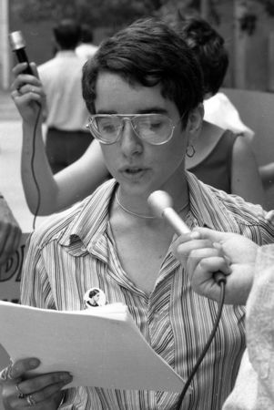 LGBTQ rights activists protesting outside the Atlanta Journal-Constitution building over the termination of a gay employee and lack of news coverage, 1973