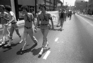 Pride parade marchers in downtown Atlanta, 1977
