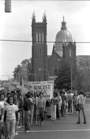 Save the Youth Walk-A-Thon demonstrators marching through downtown for the missing and murdered children of Atlanta, 1981