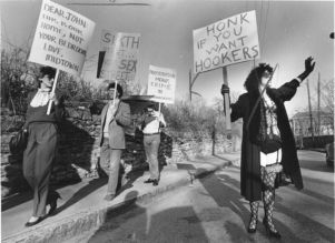 Demonstrators clash from opposing positions over sex workers in the Midtown area, 1985