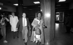Wayne William's defense attorney Mary Welcome arriving to the courthouse near the end of her client's murder trial, 1982