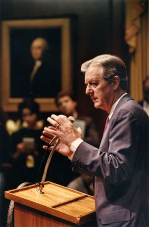 Governor Joe Frank Harris proposing a gas tax increase, 1989