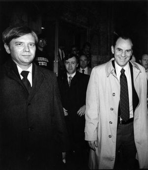 Prosecution team, Lewis Slaton, Joseph Drolet, leaving the courthouse during the Wayne Williams trial, circa 1982