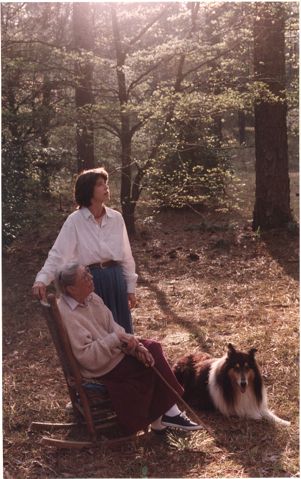 NPR's "All Things Considered" commentator, Bailey White (standing), with her mother Rosalie White, and her dog, near Thomasville, Georgia, March 25, 1993.
