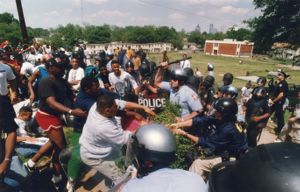 Rodney King demonstrators clash with police near the Atlanta University Center, 1992
