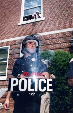 Police standing guard during the Rodney King demonstrations at the Atlanta University Center, 1992