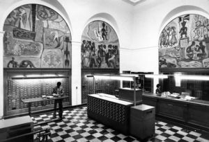 Murals hanging over the Atlanta University Library card catalog, 1977