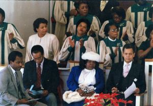 NAACP Emancipation Day program church service with David Scott, George Napper, Jondelle Johnson, and Julian Bond, 1986