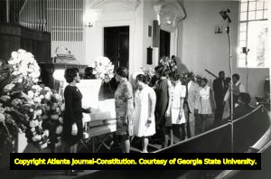 Mourners view the body of Alberta Williams King during the memorial service at Spelman College Chapel, 1974