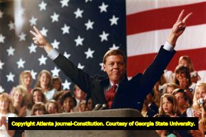 Representative Johnny Isakson on election night during the primary campaign for governor, 1990