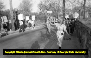 Demonstrators from both sides of the pro and anti sex worker debate march through Midtown, 1985